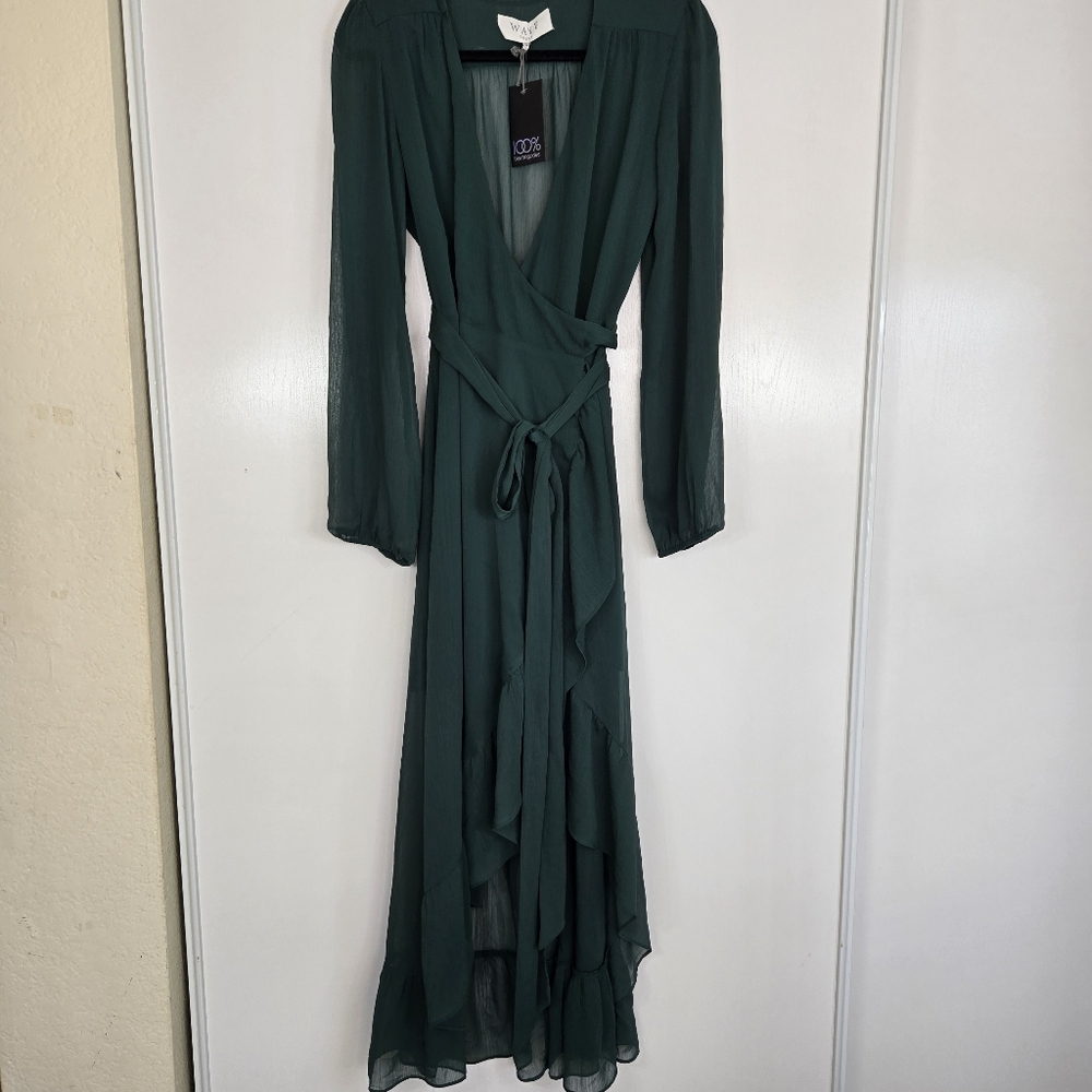 WAYF Only You Ruffle Wrap Dress in Hunter Green Medium NWT Bloomingdales High Lo